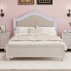 Modern Queen Size Wood Bed with Hidden LED Light Upholstered Curved Headboard, No Box Spring Needed, Cream Grey - as Pic