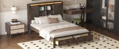 Wood Queen Size LED Platform Bed with Barn Door Design Headboard, USB and 2 Drawers, Antique Brown - as Pic