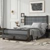 Queen Size Wood Frame Platform Bed with Upholstered Headboard, Footboard and 2 Drawers, Antique Gray - as Pic