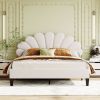 Queen Size Upholstered Platform Bed with Flower Pattern Velvet Headboard, Beige - as Pic