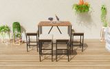 GO 5-Piece Outdoor Acacia Wood Bar Height Table And Four Stools With Cushions, Garden PE Rattan Wicker Dining Table Brown - as Pic