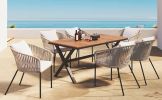 GO 7 Pieces Patio Dining Set, All-Weather Outdoor Furniture Set with Dining Table and Chairs, Acacia Wood Tabletop, Metal Frame, Beige