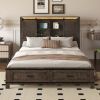 Wood Queen Size LED Platform Bed with Barn Door Design Headboard, USB and 2 Drawers, Antique Brown - as Pic