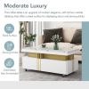 Contemporary Coffee Table with Faux Marble Top, Rectangle Cocktail Table with Caster Wheels, Moderate Luxury Center Table with Gold Metal Bars