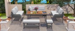 K&K 6-Piece Rope Patio Furniture L-Shaped Set, Outdoor Sectional Sofa Set with Acacia Wood Table with Ice Box, Grey