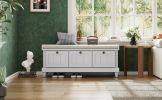 TREXM Classic Shoe Bench with Cushion and Three Drawers, Fluted Entryway Bench with Storage, Light Gray