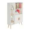 Storage Cabinet, Free Standing Wooden Display Bookcase with Double Doors, 2 Shelves, 3 Cubes and 4 Legs- White