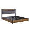 Queen Size Bed Frame, Storage Headboard with Charging Station and 4 Storage Drawers,LED Lights , Brown and and Gray - as Pic
