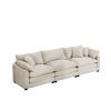 Mid-Century Modern Sofa 3-Seater Sectional Sofa with 2 Arm Pillows and 3 Throw Pillows, Light Beige Corduroy Fabric - as Pic