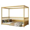 Twin Size Canopy Bed Frame with Guardrails for Kids,Floor Bed Twin with Four Poster Design,Kids Montessori Floor Bed(Twin,Natural)