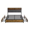 Full Size Bed Frame, Storage Headboard with Charging Station and 4 Storage Drawers,LED Lights , Brown and Gray - Full