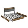 Full Size Bed Frame, Storage Headboard with Charging Station and 4 Storage Drawers,LED Lights , Brown and Gray - Full