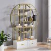 70.8 Inch Round Office Bookcase Bookshelf, Display Shelf, Two Drawers, Gold Frame - as Pic