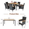 7 Piece Patio Dining Set, Outdoor Patio Conversation Set with Acacia Wood Table Top and Rattan Chairs and Soft Seat Cushions, Black