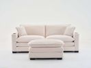 L Shape Sofa Couch with USB and cup holder, corduroy striped fabric 2-seater sofa with 1 footstool, beige