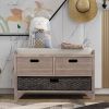 Storage Bench with Removable Basket and 2 Drawers,Fully Assembled Shoe Bench with Removable Cushion - White Washed - Solid Wood