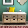 Rustic Storage Bench with 3 Drawers and 3 Rattan Baskets,Shoe Bench for Living Room,Entryway - White Washed - Solid Wood