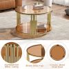 Modern Brown Glass Coffee Table, Asymmetrical Metal, Circular Metal Drum Base, Gold Finish & Lower Shelf - as Pic