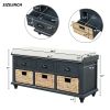 Rustic Storage Bench with 3 Drawers and 3 Rattan Baskets,Shoe Bench for Living Room,Entryway - Antique Navy - Solid Wood