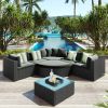 GO 7-piece Outdoor Wicker Sofa Set, Rattan Sofa Lounger, With Striped Green Pillows, Conversation Sofa, Gray Cushion