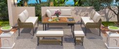 K&K 6-Piece Rope Patio Furniture L-Shaped Set, Outdoor Sectional Sofa Set with Acacia Wood Table with Ice Box, Beige