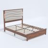 King Size Bed Frame with Upholstered Headboard, King Bed Frame with Charging Station and LED Lights, Wood Slats, Dark Gray Linen