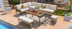 K&K 6-Piece Rope Patio Furniture L-Shaped Set, Outdoor Sectional Sofa Set with Acacia Wood Table with Ice Box, Beige