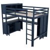 Wood Loft Bed with Cabinet and Bookshelf, Full Size Loft with Wardrobe and Desk for Kids,Dark Blue(Expect Arrival Date 2024/8/25) - as Pic