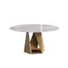 59.05" Round Marble Dining Table with Bronze Iron Metal Base, Artificial Marble for 6-8 People, White (Dining Table Only) - as Pic