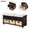 Rustic Storage Bench with 3 Drawers and 3 Rattan Baskets,Shoe Bench for Living Room,Entryway - Espresso - Solid Wood