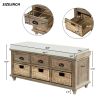 Rustic Storage Bench with 3 Drawers and 3 Rattan Baskets,Shoe Bench for Living Room,Entryway - White Washed - Solid Wood
