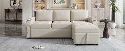 83.5" L-shaped Sofa Couch Convertible Sofa Bed Sectional Sofa with Ample Storage Space, Two Cup Holders and Two USB Ports for Living Room, Beige