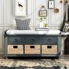Rustic Storage Bench with 3 Drawers and 3 Rattan Baskets,Shoe Bench for Living Room,Entryway - Antique Navy - Solid Wood