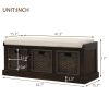 Rustic Storage Bench with 3 Removable Classic Rattan Basket ,Entryway Bench with Removable Cushion - Espresso - Solid Wood