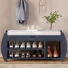 Retro Multifunctional Storage Bench with Cushion and Curved Side Panel for Entrance and Living Room - Antique Navy - MDF