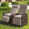 GO Patio Recliner Loveseat Chair, Adjustable Backrest Wicker Outdoor Lounge Chair Set with Acacia Wood Armrests and Built-in Storage Table, Brown