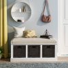 Rustic Storage Bench with 3 Removable Classic Rattan Basket ,Entryway Bench with Removable Cushion - White - Solid Wood