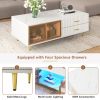 Modern Coffee Table with 2 Glass Door Storage, 4 Drawers, Gold Metal Legs, and Multi-Color Lighting in 47.2'' - White - MDF