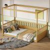 Twin Size Canopy Bed Frame with Guardrails for Kids,Floor Bed Twin with Four Poster Design,Kids Montessori Floor Bed(Twin,Natural)