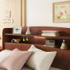 Full Pine Wood Bed with Bookcase Headboard ,LED Motion Sensor Light, Bed Guardrails,Walnut - as Pic