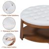 Modern Large Round Ottoman Coffee Table 2-Tier Oversized Button Tufted Ottoman with Wood Shelf Storage - Ivory White - Rubber Wood
