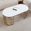 Modern Oval Coffee Table with Cut-Out Pattern Metal Stainless Steel Frame in 47.2" - White+Gold - MDF+Metal