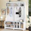 Modern Hallway Hall Tree with Metal Hooks and Storage Space, Multi-Functional Entryway Coat Rack with Shoe Cubbies - White