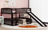 Bunk Bed with Slide,Full Over Full Low Bunk Bed with Fence and Ladder for Toddler Kids Teens Espresso - as pic