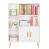 Storage Cabinet, Free Standing Wooden Display Bookcase with Double Doors, 2 Shelves, 3 Cubes and 4 Legs- White