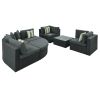 GO 7-piece Outdoor Wicker Sofa Set, Rattan Sofa Lounger, With Striped Green Pillows, Conversation Sofa, Gray Cushion