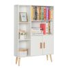 Storage Cabinet, Free Standing Wooden Display Bookcase with Double Doors, 2 Shelves, 3 Cubes and 4 Legs- White