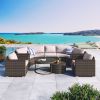 GO 9-Pieces Outdoor Half-moon Patio Sofa Set, Round Sofa Set, Modern Style Sofa, Brown Wicker, Beige Cushion - as Pic