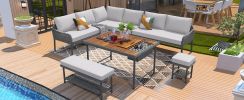 K&K 6-Piece Rope Patio Furniture L-Shaped Set, Outdoor Sectional Sofa Set with Acacia Wood Table with Ice Box, Grey
