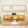 Twin Size House Bed with LED Light, Wood House Bed with Storage Bookshelf, Floor House Bed with Guardrails